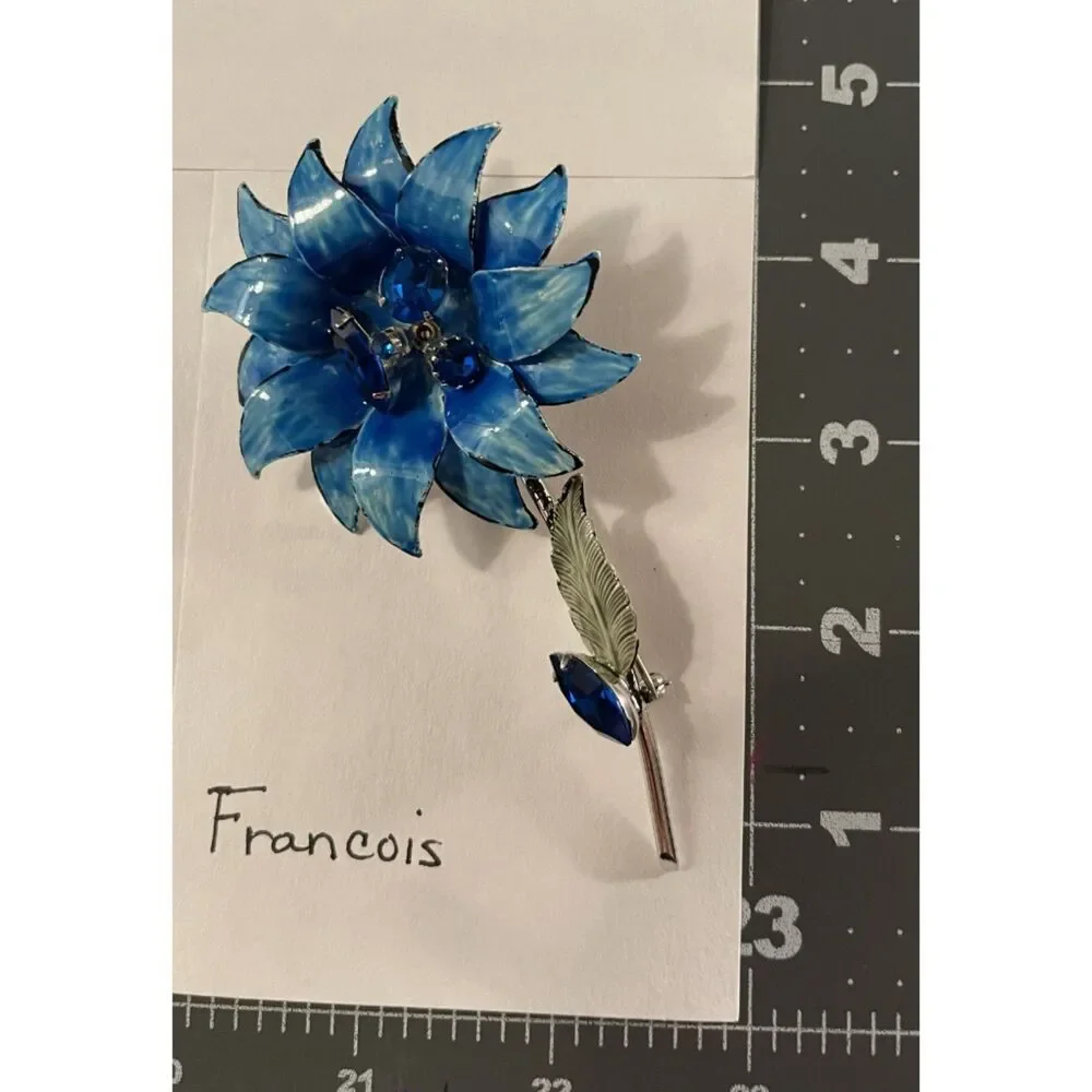 Vintage Francois Coro Blue Enamel Flower Brooch Rhinestone Stem Pin 3D Signed